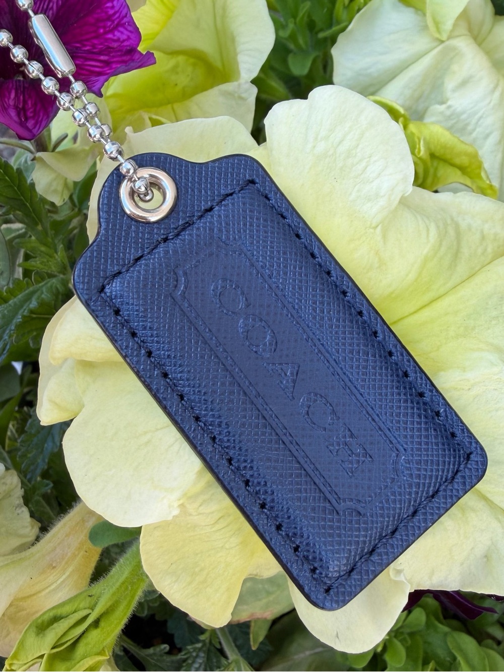Coach Navy Blue Leather Embossed Hangtag Tag Keychain